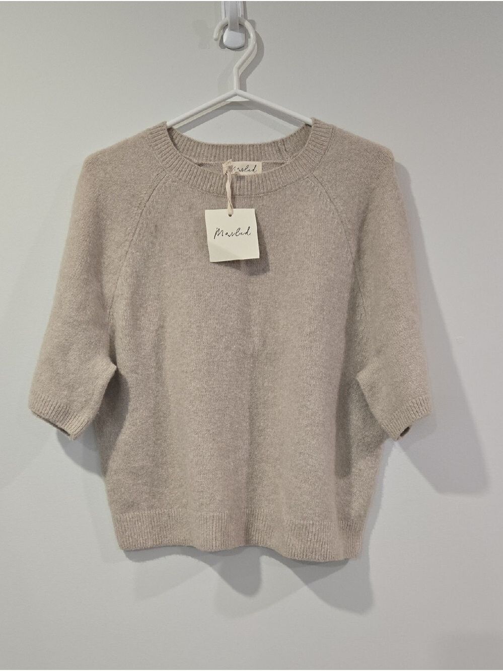 NWT Marled Beige Short-Sleeve Crewneck Ultra Soft Sweater